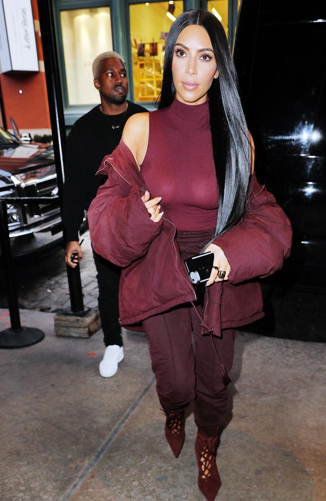 Kim Kardashian coming back to her hotel with Kanye West after his Yeezy Season 5 fashion show in New York on February 15, 2017. Picture: Splash