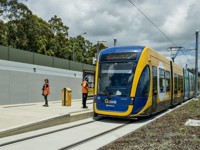 The light rail tram at the Parkwood East Station. Picture: Jerad Williams