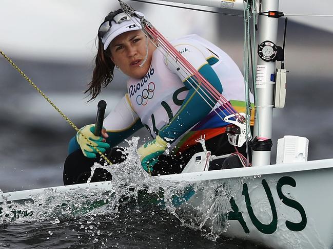 RIO DE JANEIRO, BRAZIL - AUGUST 08: Ashley Stoddart of Australia competes during the Women's Laser Radial races on Day 3 of the Rio 2016 Olympic Games at Marina da Gloria on August 9, 2016 in Rio de Janeiro, Brazil. (Photo by Clive Mason/Getty Images)