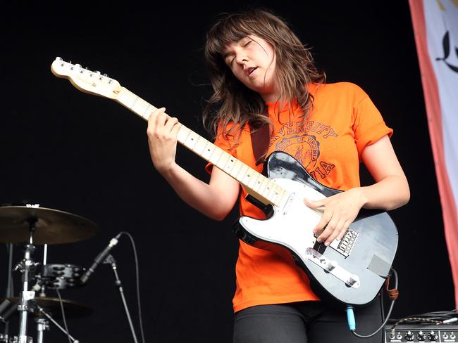 Feels naked without her guitar ... Courtney Barnett at the Laneway Festival, in Rozelle, Sydney, in February. Picture: Andrew Murray