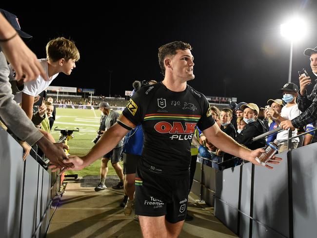 Nathan Cleary of the Panthers thanks fans after the NRL Semi-final match between Penrith Panthers and Parramatta Eels at BB Print Stadium on September 18, 2021 in Mackay, Australia. Picture: Matt Roberts