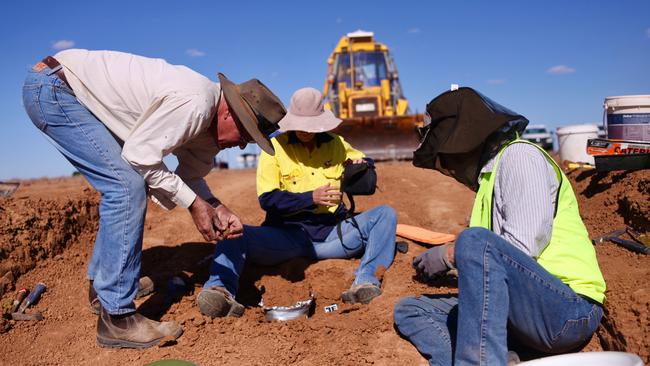 Dinosaur Dig, Robyn Mackenzie with dinosaur bone. Picture: Dan Llewellyn