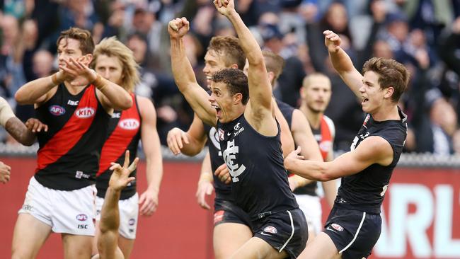 Carlton’s Ed Curnow celebrates his goal in the fourth quarter. Picture: Michael Klein