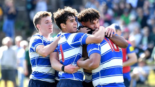 Nudgee players celebrate a try GPS first XV rugby between Nudgee and BBC Saturday August 6, 2022. Picture, John Gass