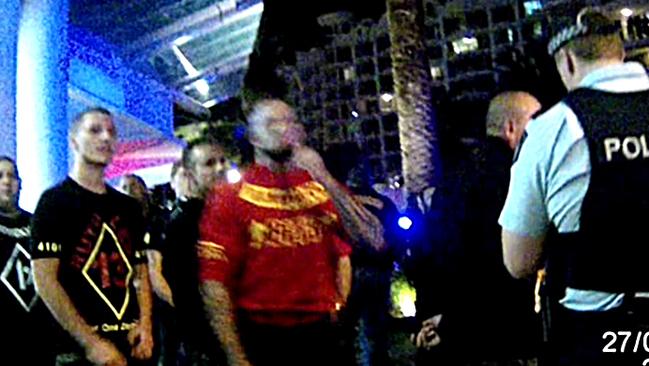 Bandido bikies and police stand off during the Broadbeach bikie brawl. Must Credit: A Current Affair