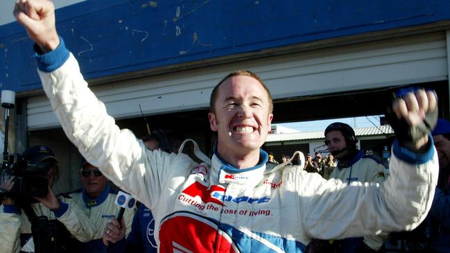 Greg Murphy celebrates after taking pole position in top 10 shootout for 2003 Bathurst 1000, which was dubbed the ‘Lap of the Gods’. Picture: Cameron Tandy.