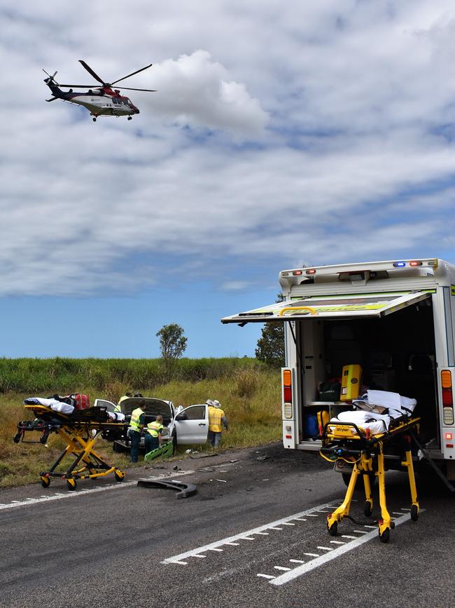 Photos from the scene of an accident involving two trucks and a utility vehicle at Yuruga on the Bruce Highway between Townsville and Ingham. Two men have been badly injured. Picture: Cameron Bates