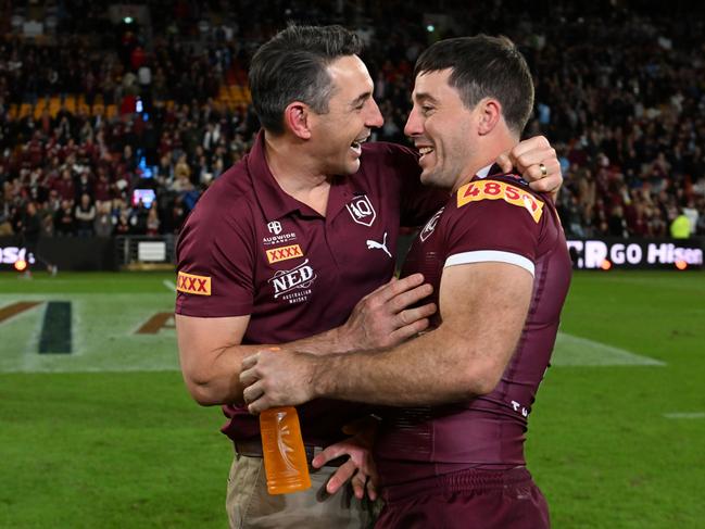 Billy Slater and Ben Hunt of the Maroons celebrate victory after game three of the 2022 State of Origin Series. Picture: Getty Images