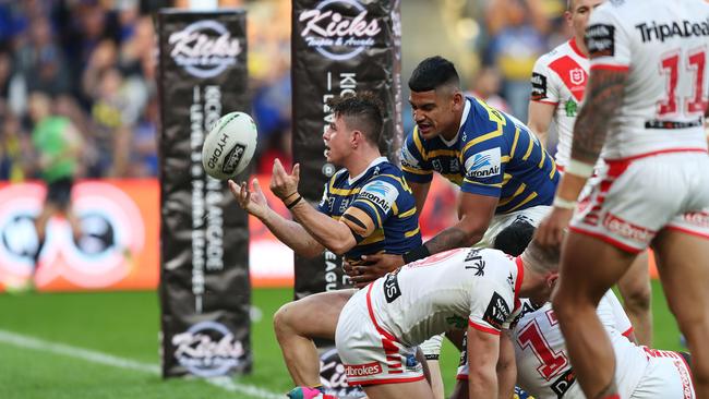 Reed Mahoney, pictured after scoring a try, had a breakout season in 2019. Picture: Brett Costello