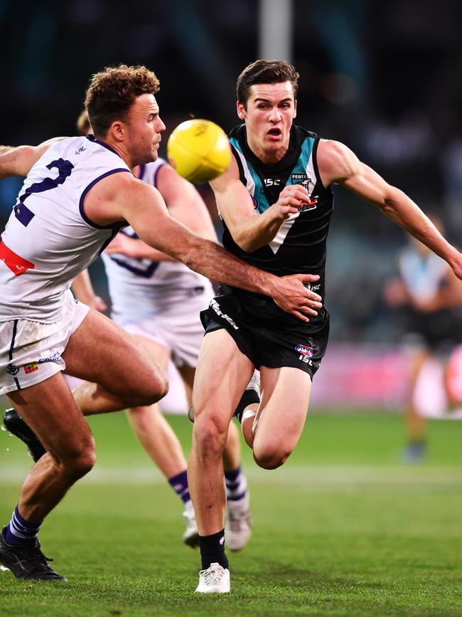 Port Adelaide’s Connor Rozee is hoping to build up his endurance in order to get more midfield minutes next season. Picture: Mark Brake/Getty Images