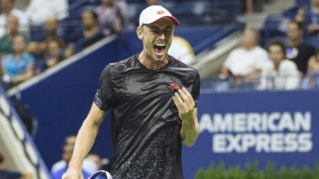 John Millman expresses frustration towards the end of the 3rd set during the Quarterfinal of the US Open. Queens, New York, USA. Wednesday, September 5th, 2018. (Angus Mordant for NewsCorp Australia)