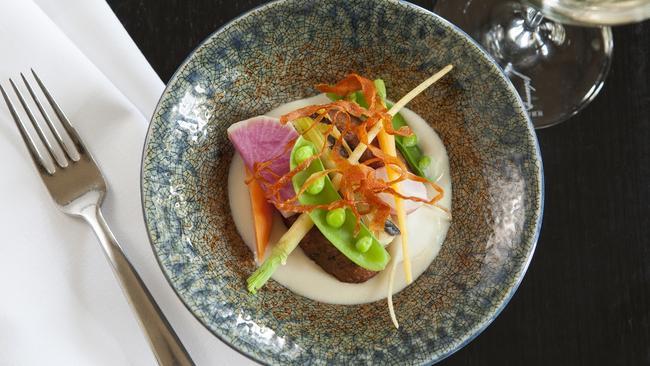 Okara fritters, soy milk and ginger broth, vegetables — Provenance.