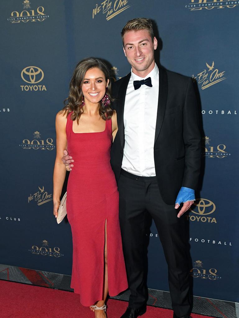 Daniel Talia and Megan Talia on the red carpet ahead of the Malcolm Blight medal presentation night at the Adelaide Entertainment Centre.