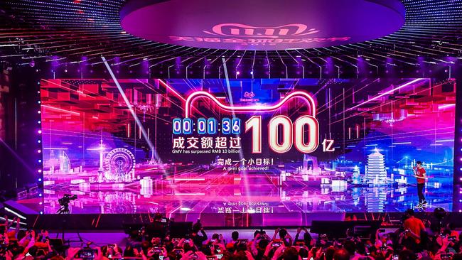 A screen shows the gross merchandise volume, a measure of sales, after 1 minute 36 seconds of Singles Day sale. Picture: AFP