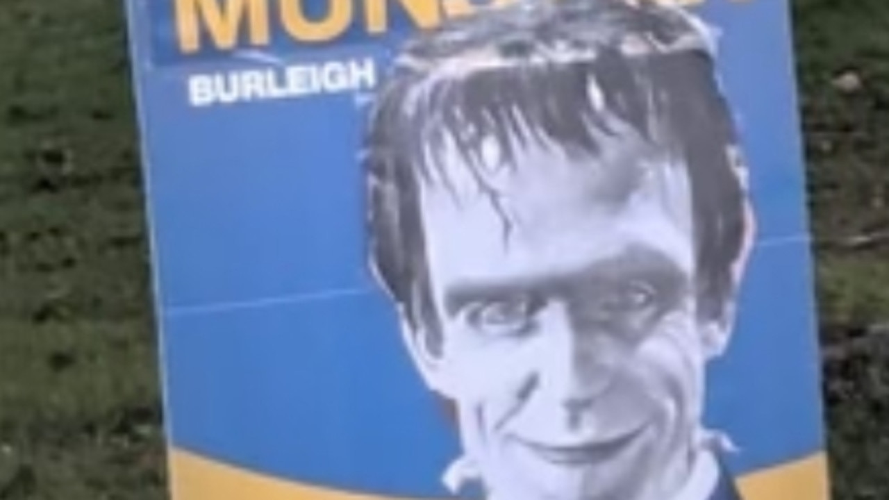 LNP candidate for Burleigh Hermann Vorster has enjoyed some creative art work on his corflutes. One has him resembling 1970s comic horror series character Herman Munster.