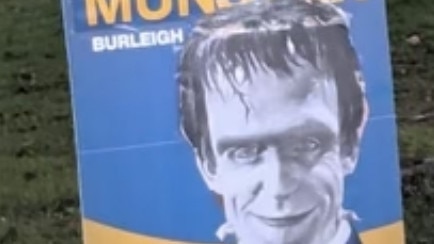 LNP candidate for Burleigh Hermann Vorster has enjoyed some creative art work on his corflutes. One has him resembling 1970s comic horror series character Herman Munster.