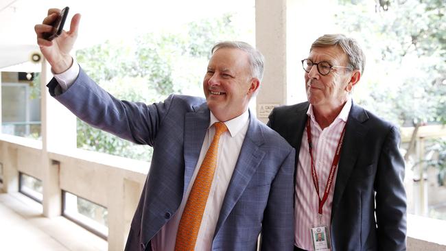 Anthony Albanese pictured taking a selfie with journalist Lane Calcutt, who will now work to protect Palaszczuk’s image. Picture: NCA NewsWire / Josh Woning.