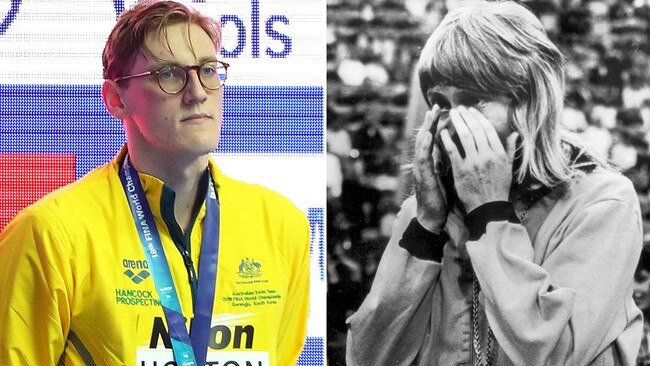 Mack Horton after winning silver at this year's World Swimming Championships, and Raelene Boyle after taking silver at the 1972 Olympics. Picture: Getty Images/News Corp