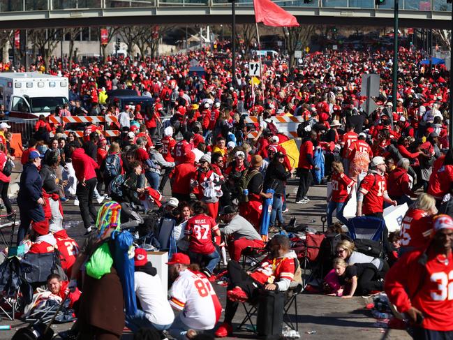 People take cover during a shooting at Union Station during the Kansas City Chiefs Super Bowl LVIII victory parade. Picture: Getty Images