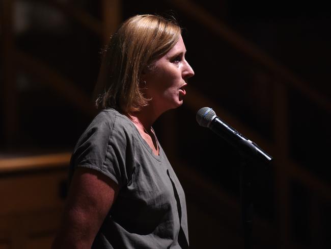 The aunty of the boy who had his hair cut addresses the audience. Picture: Lawrence Pinder