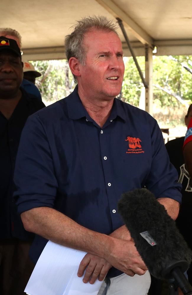 Aboriginal Areas Protection Authority chief executive Benedict Scambary celebrating the end of the Gunlom Falls sacred site hearing after the Director of National Parks pleaded guilty during an on Country hearing. Picture: Zizi Averill