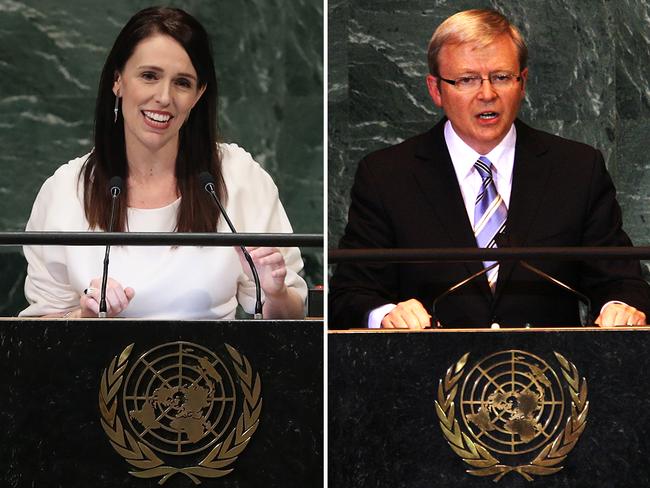 Mirror image ... New Zealand Prime Minister Jacinda Ardern and then-Australian Prime Minister Kevin Rudd address the United Nations General Assembly in 2018 and 2008 respectively.