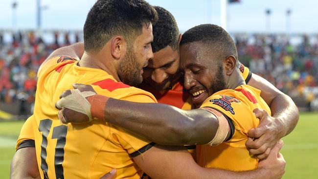 PNG players celebrate a win in Port Moresby.