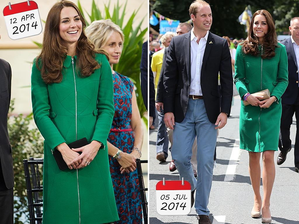 This Erdem green coat kept those royal shoulders warm in Hamilton, New Zealand and again at the start of the Tour de France on July 5, 2014 at West Tanfield, Yorkshire, England. Picture: Getty