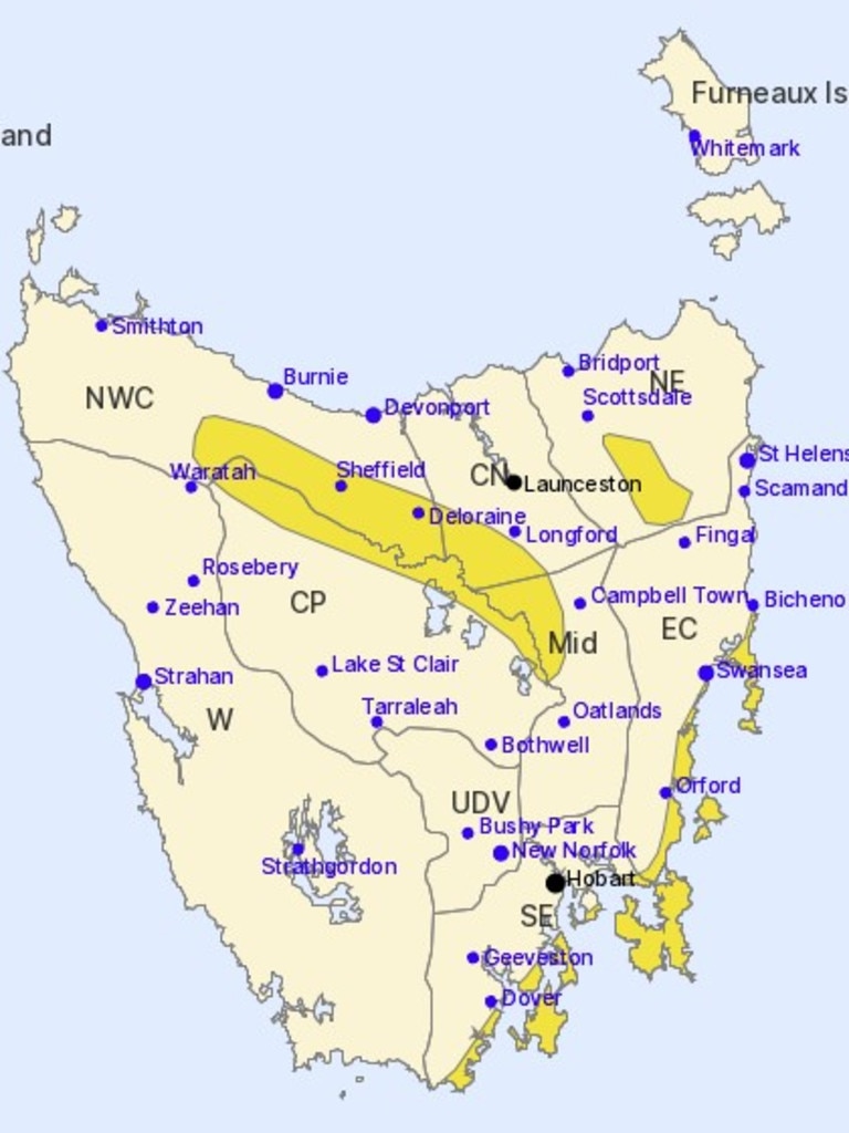 A severe weather warning for strong to damaging winds of up to 110kmh remains in place for multiple parts of Tasmania this weekend. Picture: Supplied / BOM