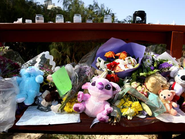 Memorial scene of where a homeless baby washed up at Surfers Paradise Beach. Pics Adam Head