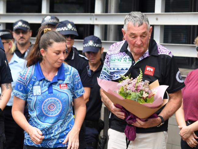 Memorial police service for Constable Matthew Arnold and Constable Rachel McCrow at Townsville Police Station. Deanna Widdison and Murray Holm from Queensland Youth Services DriveIt. Picture: Evan Morgan