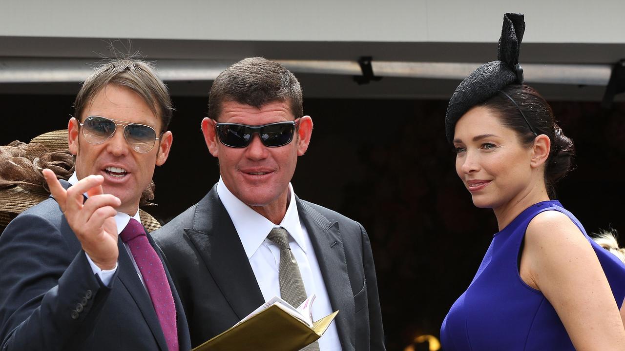 Warne is pictured with James Packer and the casino tycoon’s now ex-wife Erica Packer at the Melbourne Cup in 2012. (Photo by Don Arnold/WireImage)