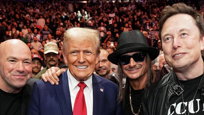 NEW YORK, NEW YORK - NOVEMBER 16: (L-R) Joe Rogan, President-elect Donald Trump, Kid Rock and Elon musk pose for a photo during the UFC 309 event at Madison Square Garden on November 16, 2024 in New York City. (Photo by Chris Unger/Zuffa LLC)