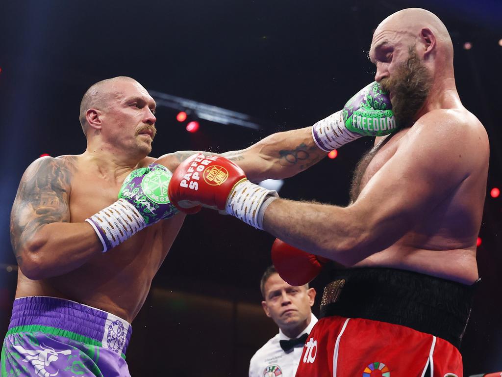 Oleksandr Usyk lands a left on Tyson Fury during the IBF, IBO, WBA, WBC and WBO Undisputed World Heavyweight titles' fight last December. Picture: Getty Images