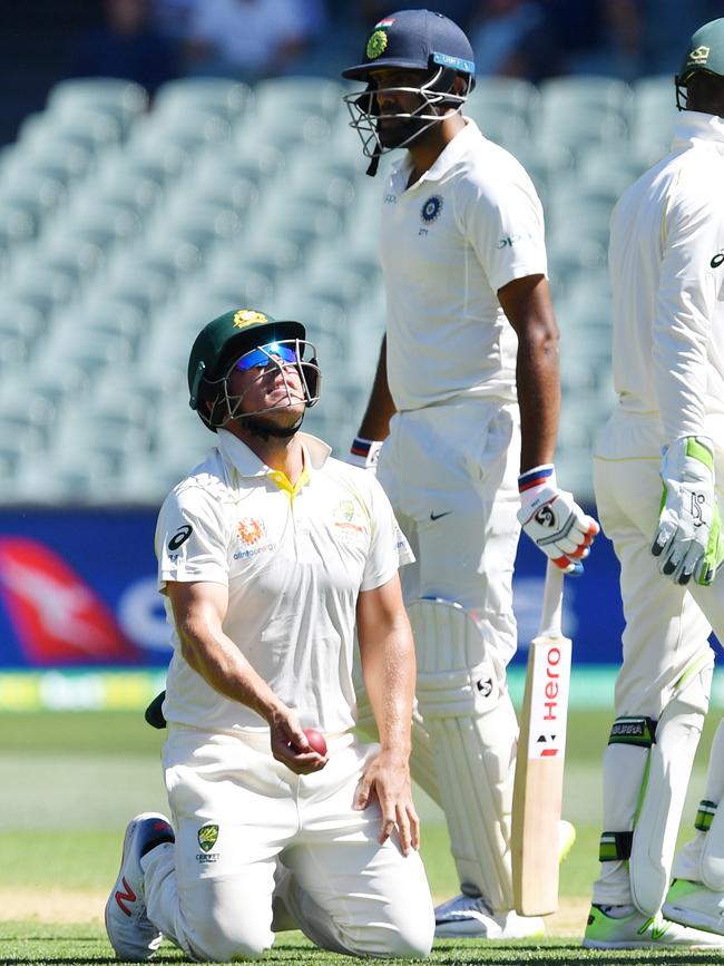 Aaron Finch just misses a catch off Ravi Ashwin. Picture: AAP