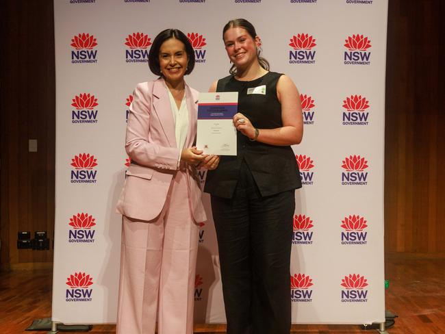 Abigail Barfield from Pymble Ladies College receives her award on stage. Picture: Justin Lloyd