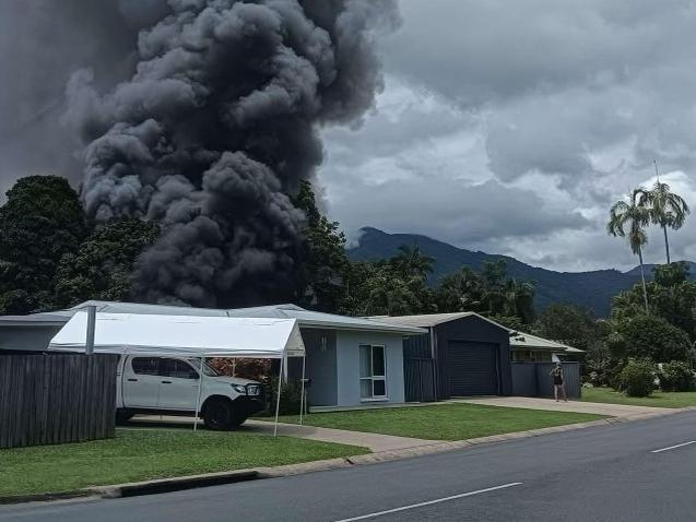 Nine QUeensland FIre Department crews responded to two sheds on fire at a FIshburn Street address in Bentley Park on Tuesday morning. No patients were assessed on the scene. Photo: Facebook/River N Bee Potter Walker.