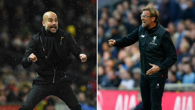 Manchester City's Pep Guardiola, left, and Liverpool manager Jurgen Klopp.