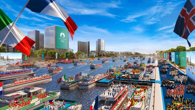 An artist’s impression of how the Paris Olympics opening ceremony could look. Picture: Florian Hulleu / Paris 2024 / AFP)