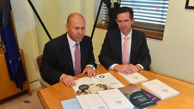 Treasurer Josh Frydenberg and Finance Minister Simon Birmingham with the 2021 Budget papers earlier today. Picture: Getty Images