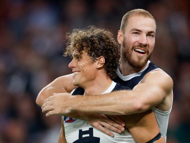 Harry McKay and Charlie Curnow are the league’s most dangerous forward duo. Picture: Dylan Burns/AFL Photos via Getty Images