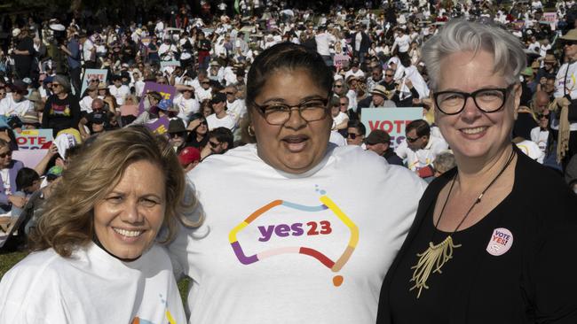 Yvonne Weldon, Rowena Welsh-Jarrett and Penny Sharpe pose for a photo at the Come Together for Yes event in Sydney.