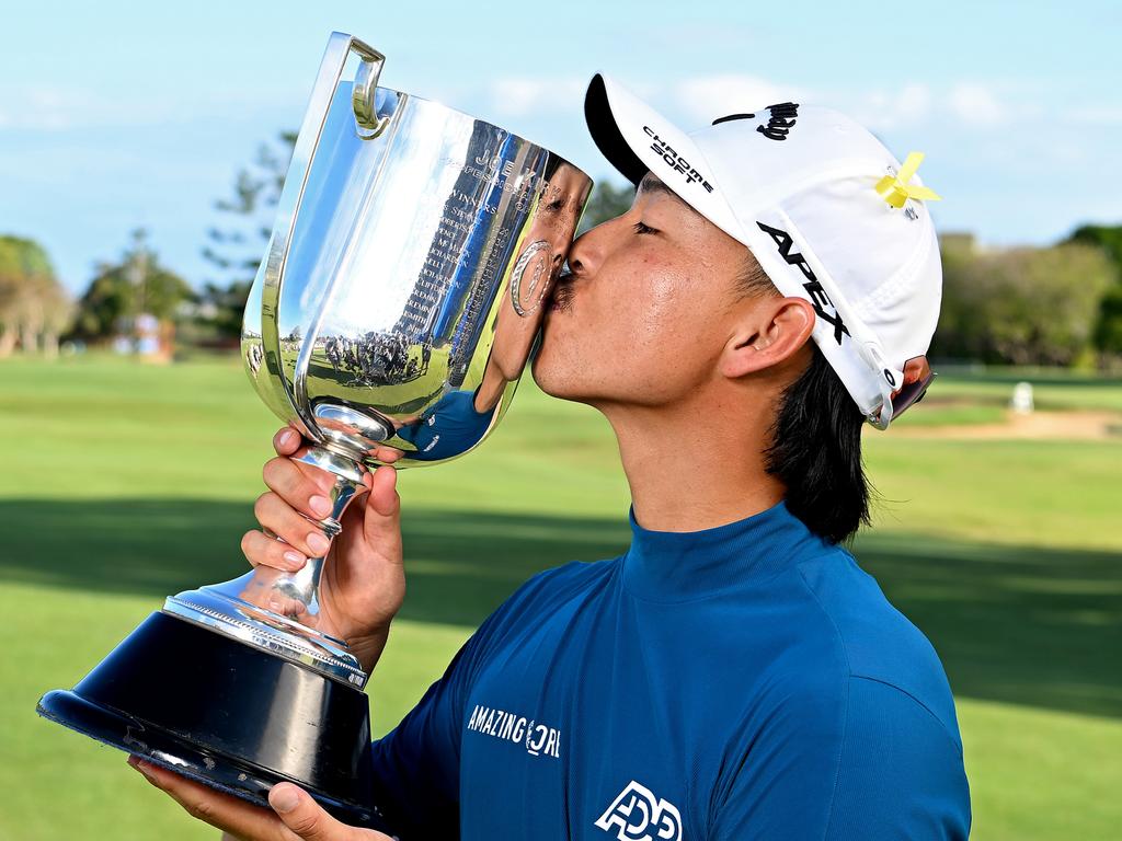 BRISBANE, AUSTRALIA - NOVEMBER 26: Min Woo Lee of Australia celebrates victory during day four of the 2023 Australian PGA Championship at Royal Queensland Golf Club on November 26, 2023 in Brisbane, Australia. (Photo by Bradley Kanaris/Getty Images)