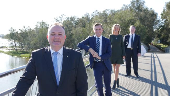 Terrigal state Liberal MP Adam Crouch with Liberal Upper House MP Taylor Martin, councillor Jilly Pilon and Liberal candidate Brian Perrem to announce the appointment of an expert panel. Picture: supplied