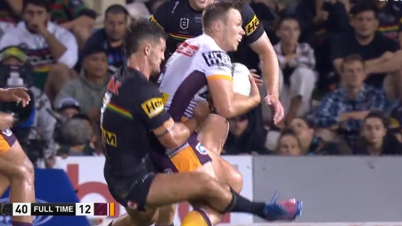 Nathan Cleary’s tackle on Billy Walters. Picture: Channel 9