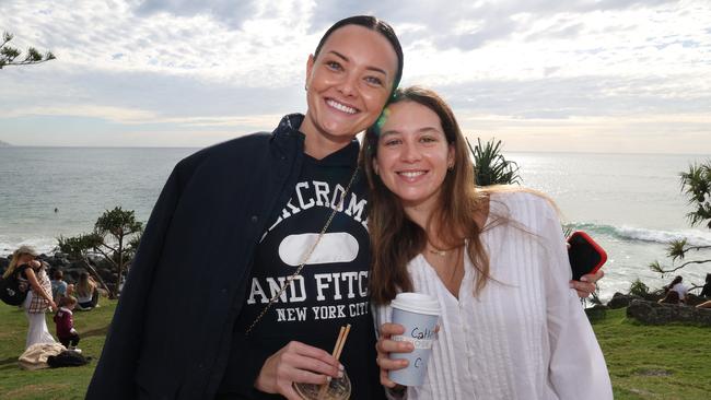 Tilly Thomas and Caitlin Moffat at the Surf of Origin at Burleigh Beach. Picture: Annette Dew