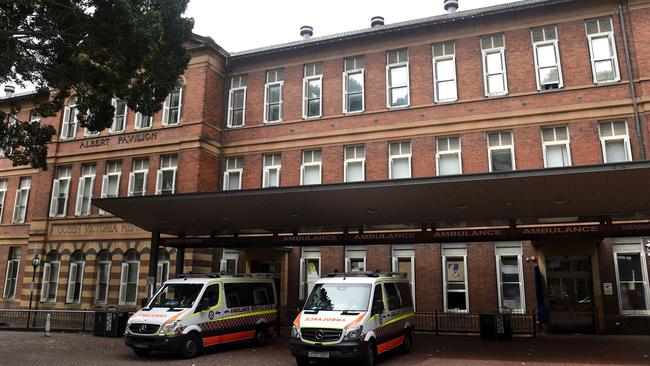A 56-year-old woman was found by members of the public after suffering an apparent heart attack in the waiting room toilets of the Royal Prince Alfred hospital, in Sydney’s inner west. Picture: Paul Miller