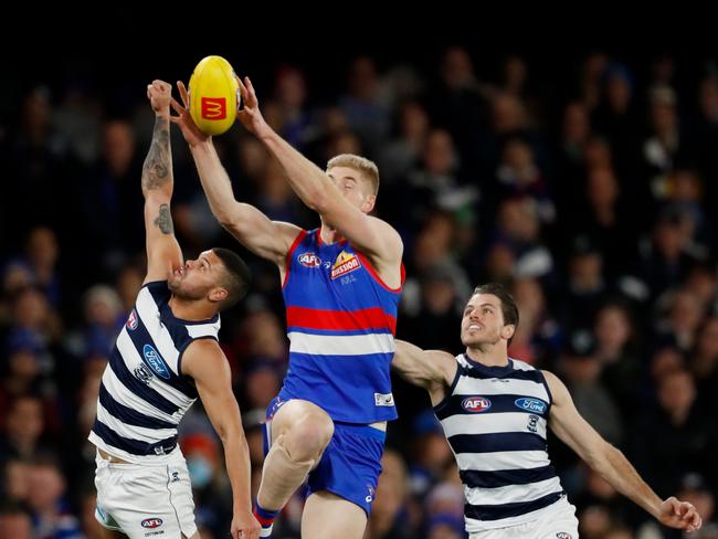 MELBOURNE, AUSTRALIA - JUNE 03: Brandan Parfitt of the Cats, Tim English of the Bulldogs and Isaac Smith of the Cats compete for the ball during the 2022 AFL Round 12 match between the Western Bulldogs and the Geelong Cats at Marvel Stadium on June 03, 2022 in Melbourne, Australia. (Photo by Dylan Burns/AFL Photos via Getty Images)