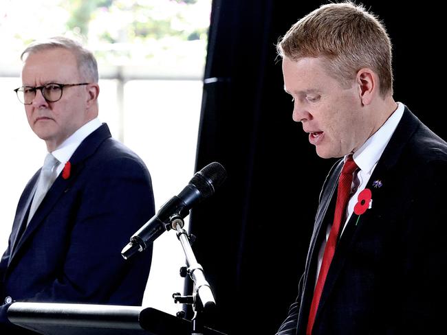 Australian Prime Minister Anthony Albanese (L) and New Zealand Prime Minister Chris Hipkins attend a press conference at South Bank Piazza in Brisbane on April 23, 2023. (Photo by Pat Hoelscher / AFP)