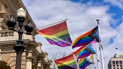 New pride flags hanging at Hobart Town Hall. Picture: supplied.